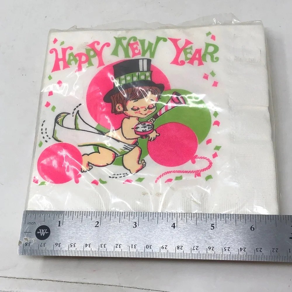 Vintage Happy New Year Paper Napkins Baby Pink Green Reed 20 Count New NIP
